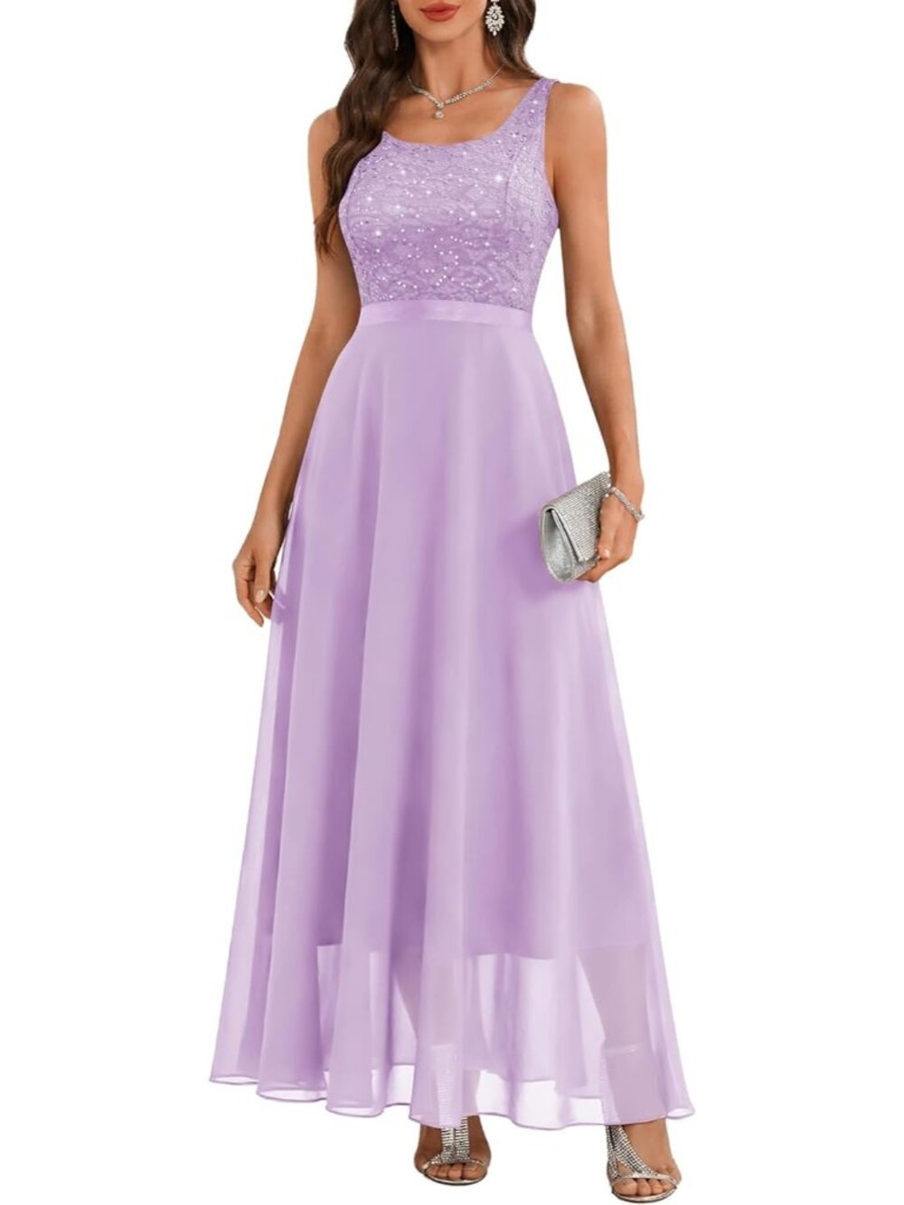 Women's Lavender A LINE Sequin Silhouette Shimmer Mesh Cocktail Maxi Dress